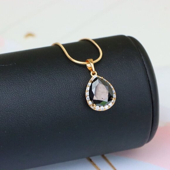 "Teardrop Black Pendant with White Crystal Border in Rose Gold Finish, XPPT1614 - Picture 4 of 13